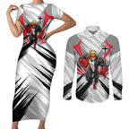 St Kilda Saints Australian Football Couples Matching Short Sleeve Bodycon Dress and Long Sleeve Button Shirt Superhero Mascot Graphic - Bold Team Colors