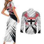 St Kilda Saints Australian Football Couples Matching Short Sleeve Bodycon Dress and Long Sleeve Button Shirt Superhero Mascot Graphic - Bold Team Colors