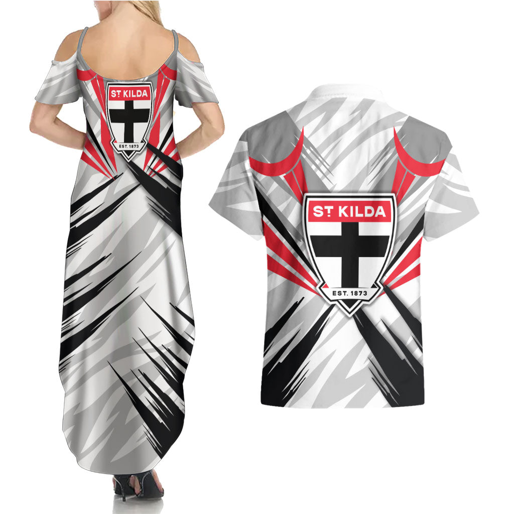 St Kilda Saints Australian Football Couples Matching Summer Maxi Dress and Hawaiian Shirt Superhero Mascot Graphic - Bold Team Colors
