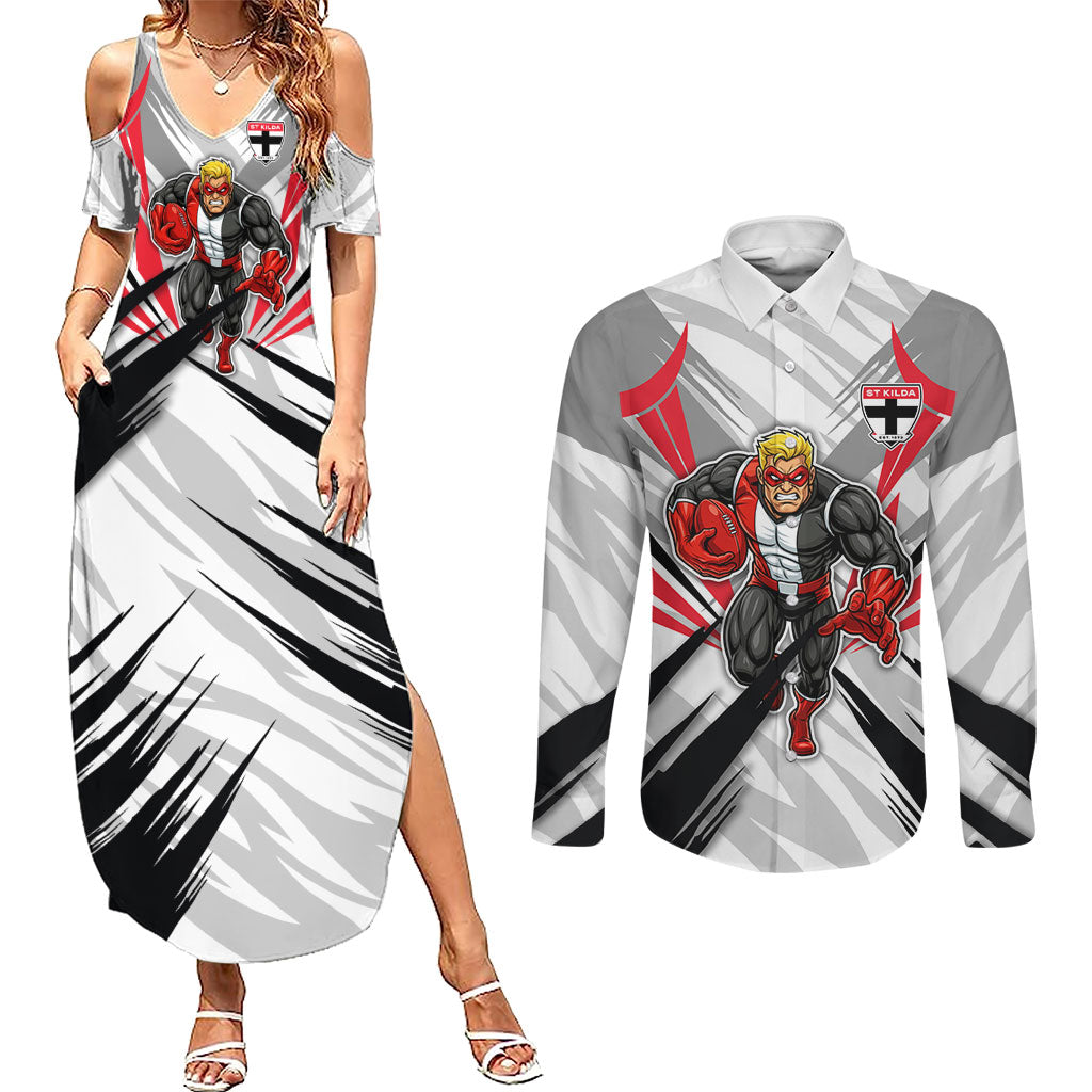 St Kilda Saints Australian Football Couples Matching Summer Maxi Dress and Long Sleeve Button Shirt Superhero Mascot Graphic - Bold Team Colors