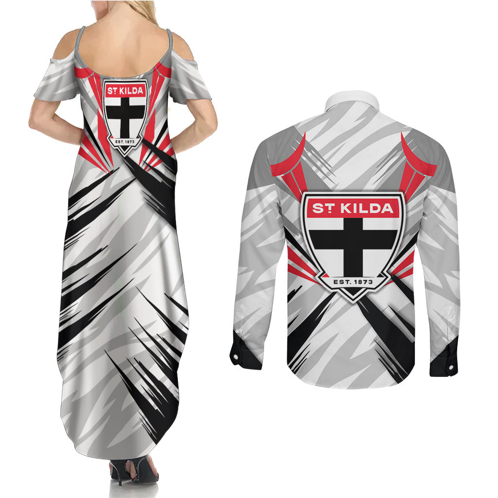 St Kilda Saints Australian Football Couples Matching Summer Maxi Dress and Long Sleeve Button Shirt Superhero Mascot Graphic - Bold Team Colors
