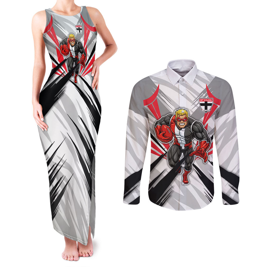 St Kilda Saints Australian Football Couples Matching Tank Maxi Dress and Long Sleeve Button Shirt Superhero Mascot Graphic - Bold Team Colors