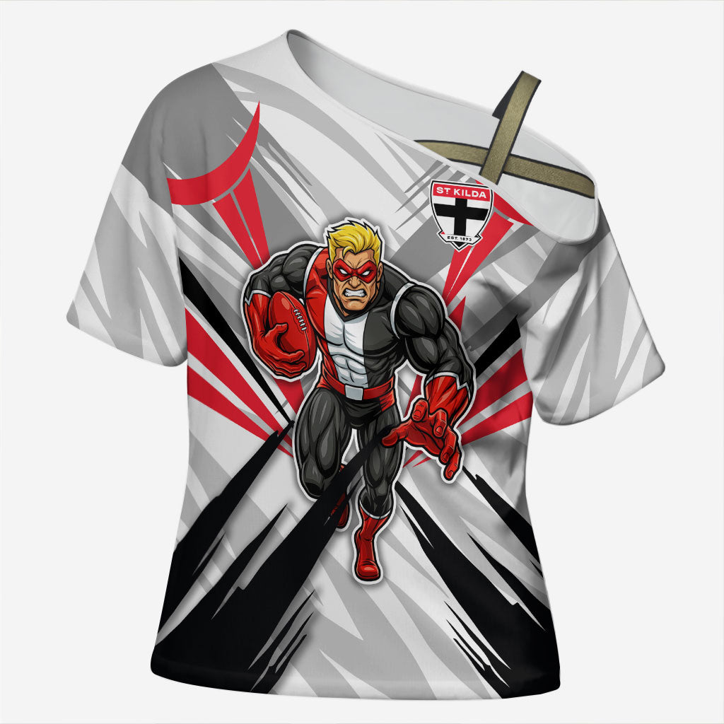 St Kilda Saints Australian Football Cross Shoulder Shirt Superhero Mascot Graphic - Bold Team Colors
