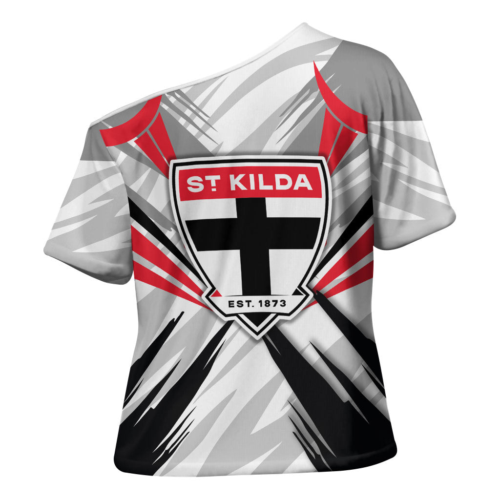 St Kilda Saints Australian Football Cross Shoulder Shirt Superhero Mascot Graphic - Bold Team Colors