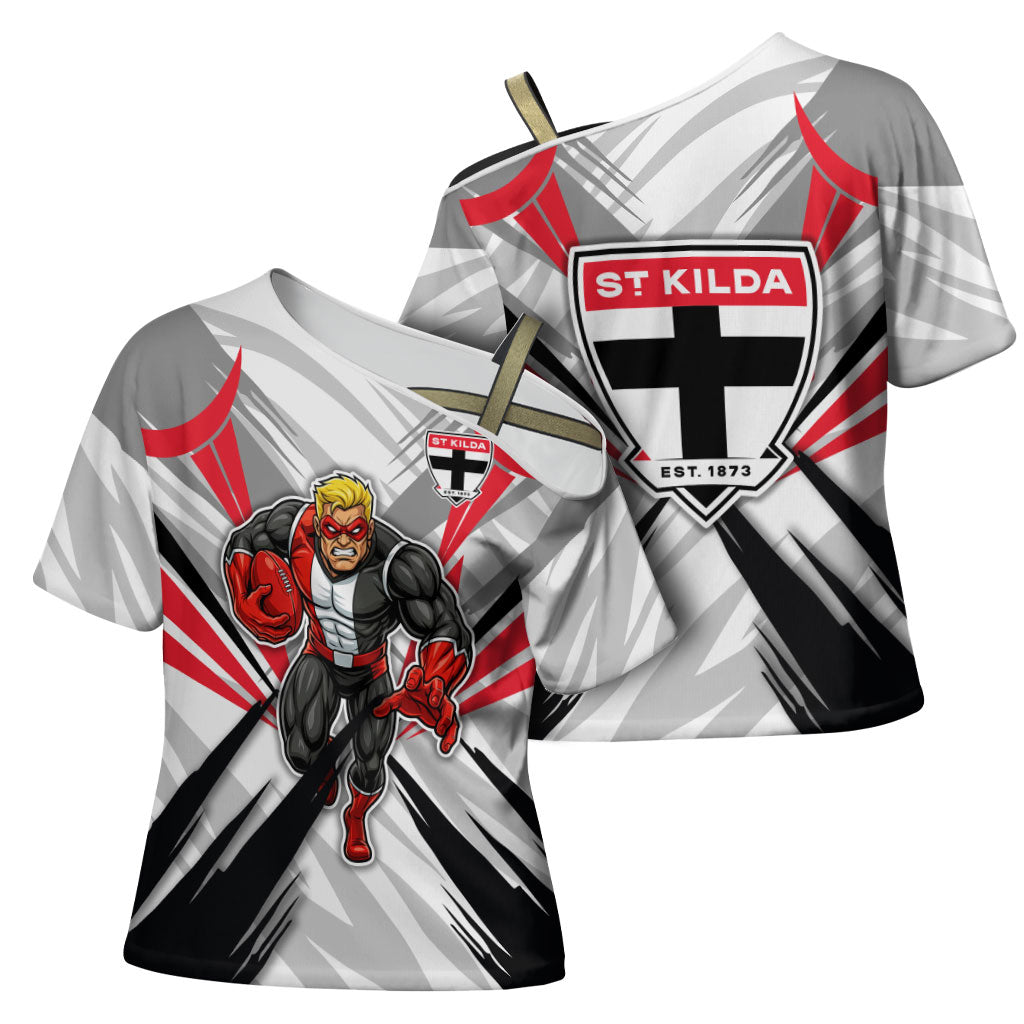 St Kilda Saints Australian Football Cross Shoulder Shirt Superhero Mascot Graphic - Bold Team Colors