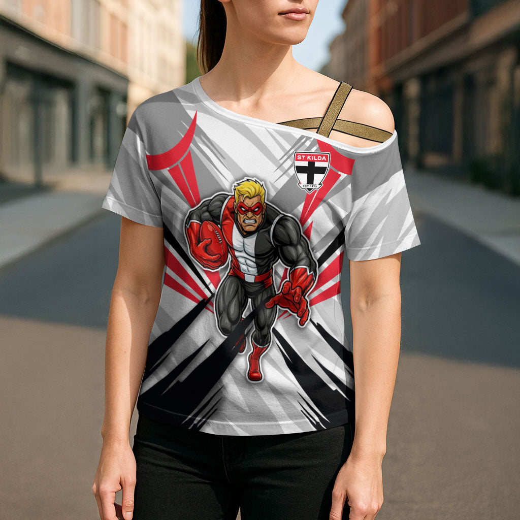 St Kilda Saints Australian Football Cross Shoulder Shirt Superhero Mascot Graphic - Bold Team Colors