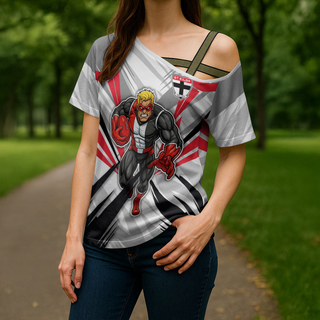 St Kilda Saints Australian Football Cross Shoulder Shirt Superhero Mascot Graphic - Bold Team Colors