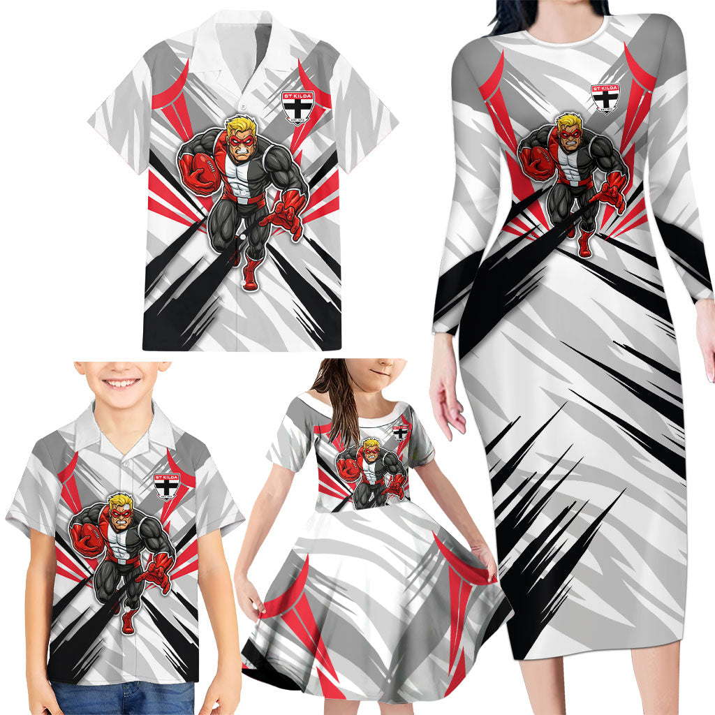 St Kilda Saints Australian Football Family Matching Long Sleeve Bodycon Dress and Hawaiian Shirt Superhero Mascot Graphic - Bold Team Colors