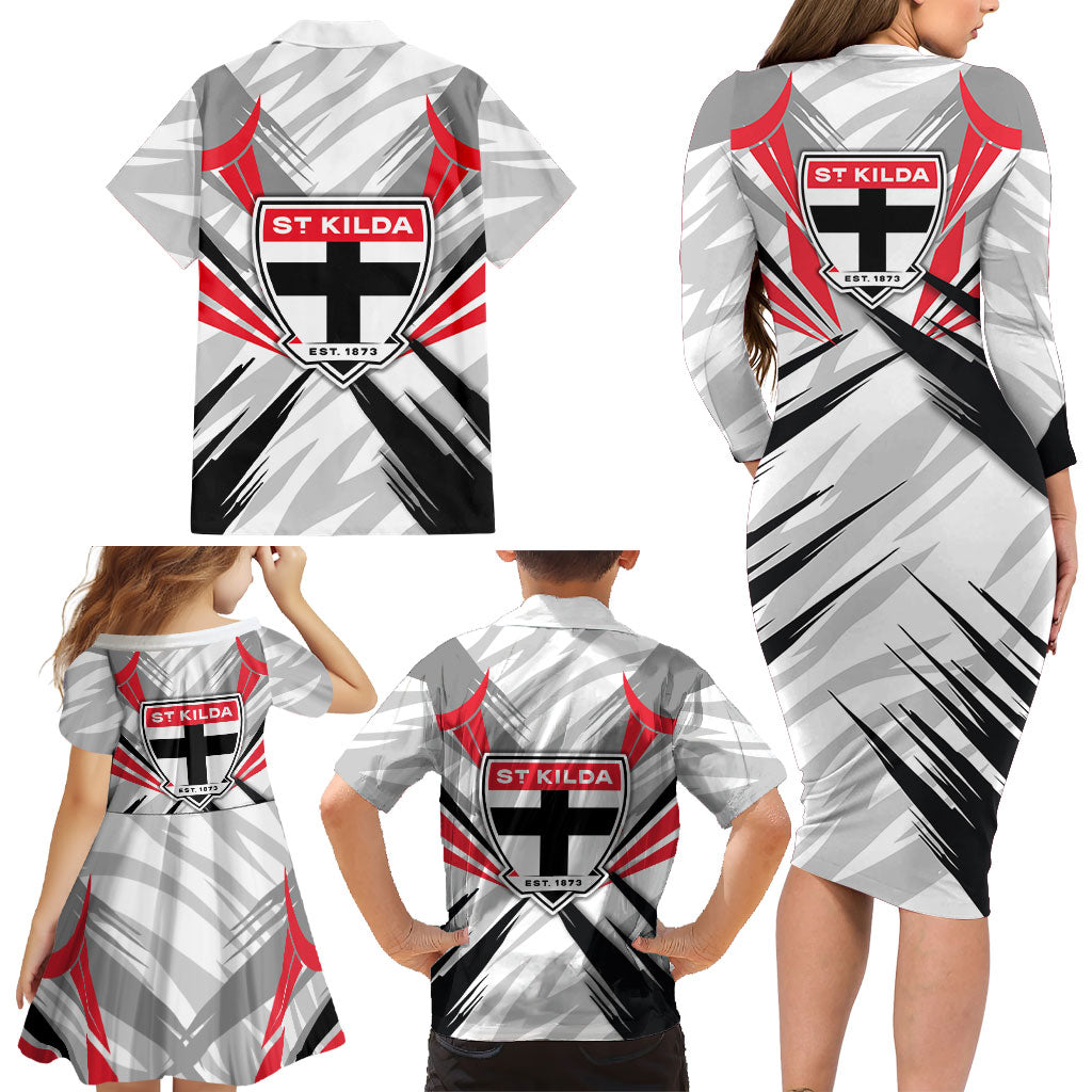 St Kilda Saints Australian Football Family Matching Long Sleeve Bodycon Dress and Hawaiian Shirt Superhero Mascot Graphic - Bold Team Colors