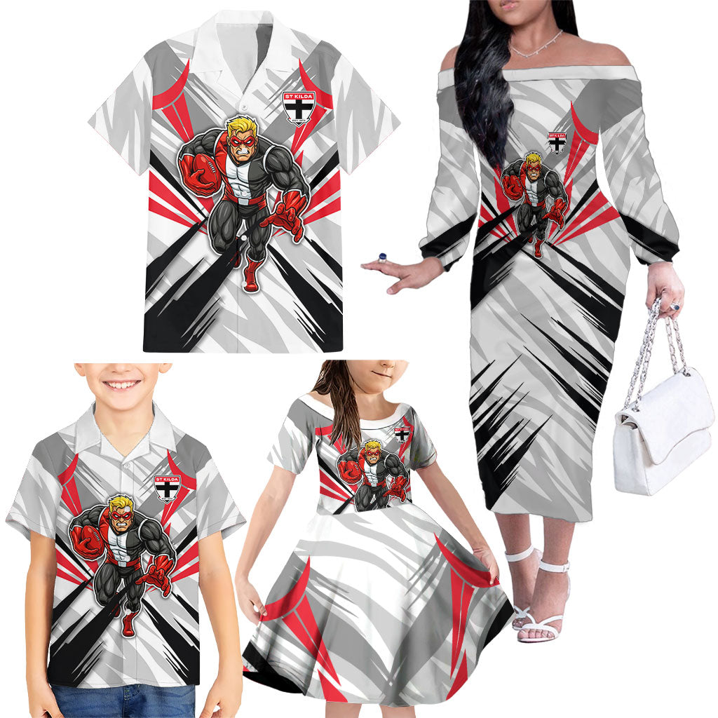 St Kilda Saints Australian Football Family Matching Off The Shoulder Long Sleeve Dress and Hawaiian Shirt Superhero Mascot Graphic - Bold Team Colors