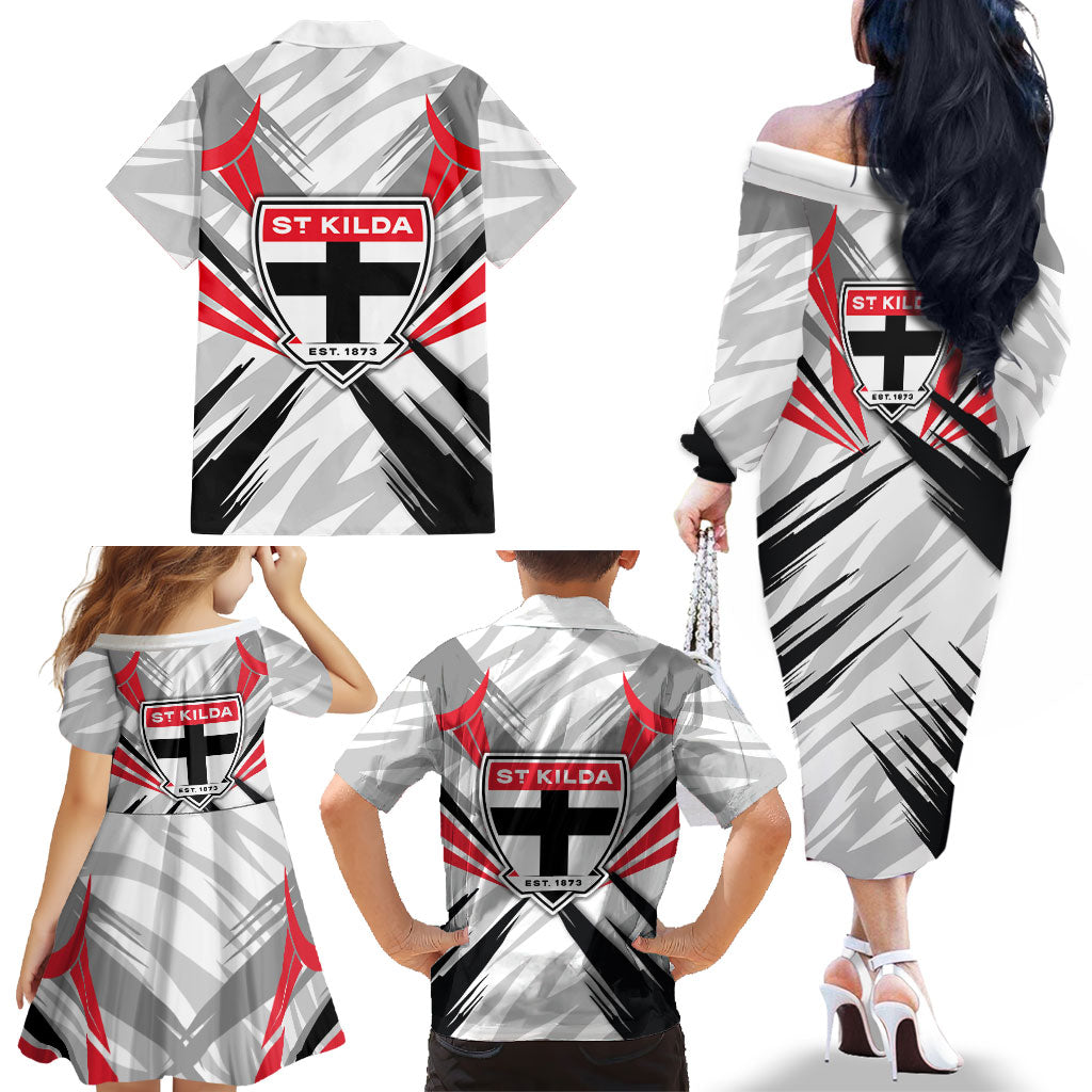 St Kilda Saints Australian Football Family Matching Off The Shoulder Long Sleeve Dress and Hawaiian Shirt Superhero Mascot Graphic - Bold Team Colors