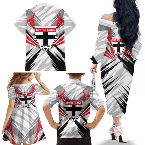 St Kilda Saints Australian Football Family Matching Off The Shoulder Long Sleeve Dress and Hawaiian Shirt Superhero Mascot Graphic - Bold Team Colors