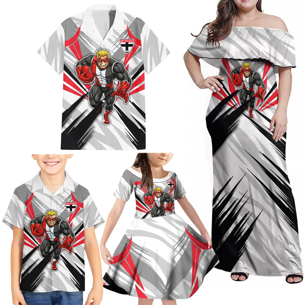 St Kilda Saints Australian Football Family Matching Off Shoulder Maxi Dress and Hawaiian Shirt Superhero Mascot Graphic - Bold Team Colors