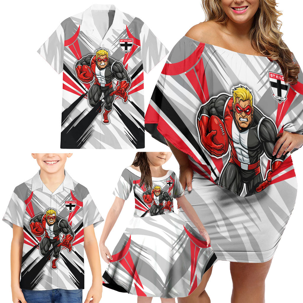 St Kilda Saints Australian Football Family Matching Off Shoulder Short Dress and Hawaiian Shirt Superhero Mascot Graphic - Bold Team Colors
