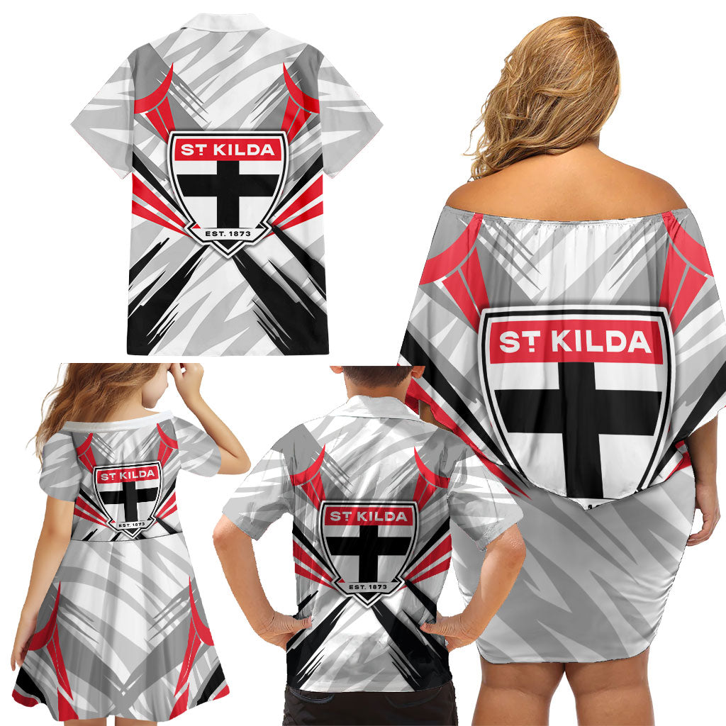 St Kilda Saints Australian Football Family Matching Off Shoulder Short Dress and Hawaiian Shirt Superhero Mascot Graphic - Bold Team Colors