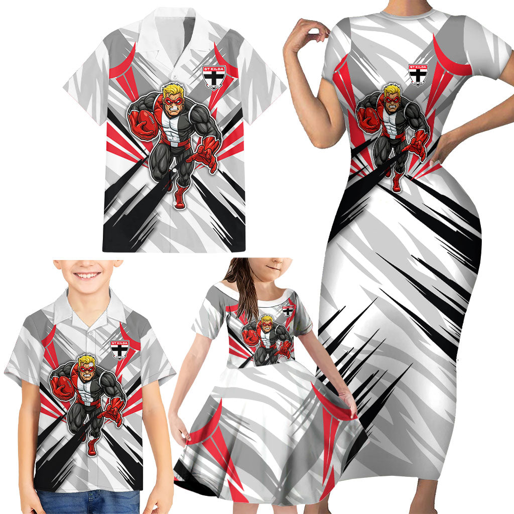 St Kilda Saints Australian Football Family Matching Short Sleeve Bodycon Dress and Hawaiian Shirt Superhero Mascot Graphic - Bold Team Colors