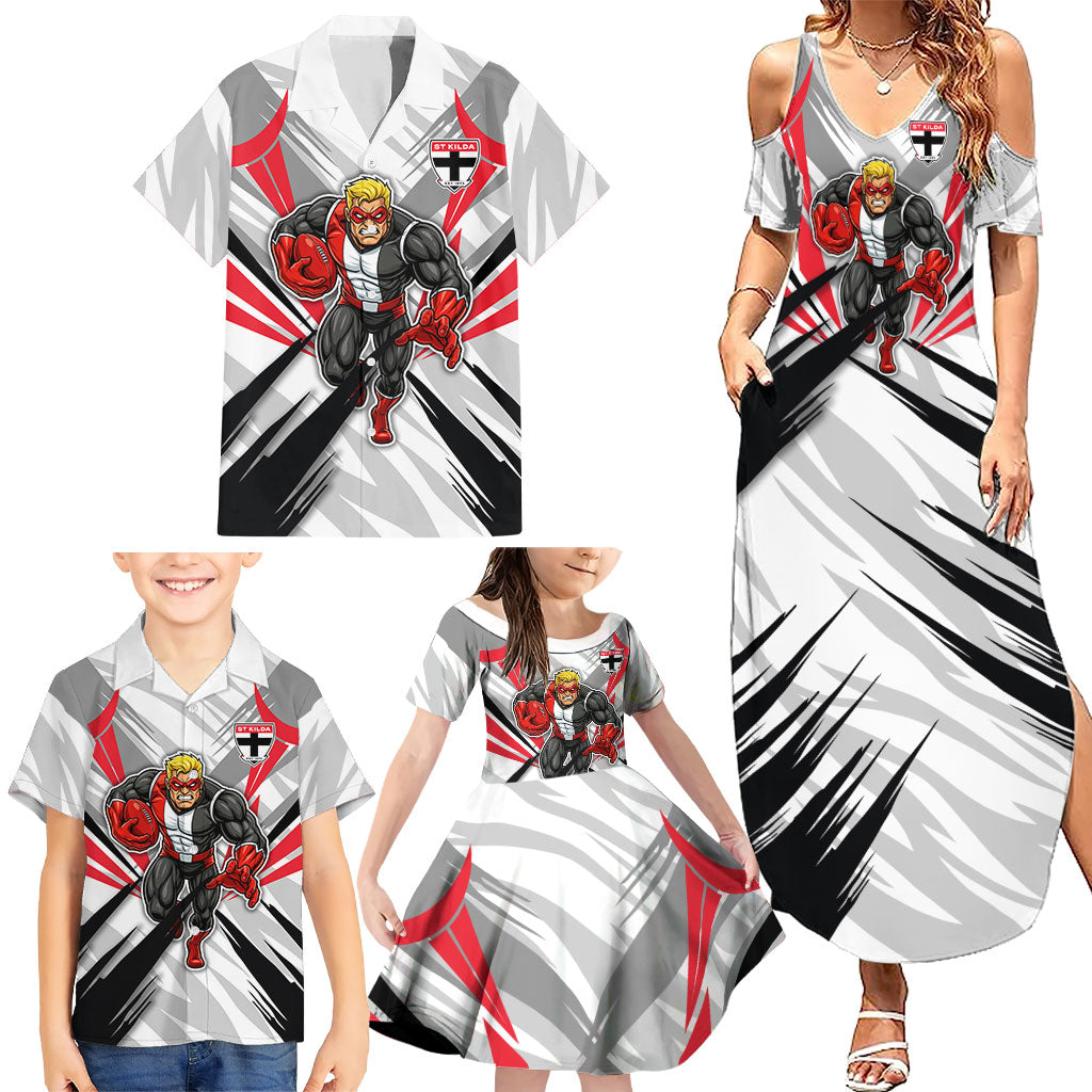 St Kilda Saints Australian Football Family Matching Summer Maxi Dress and Hawaiian Shirt Superhero Mascot Graphic - Bold Team Colors
