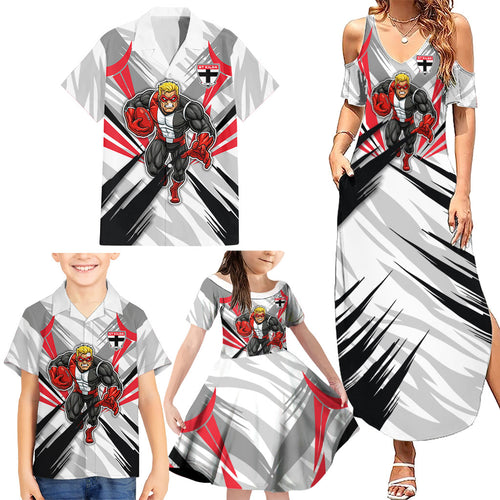 St Kilda Saints Australian Football Family Matching Summer Maxi Dress and Hawaiian Shirt Superhero Mascot Graphic - Bold Team Colors