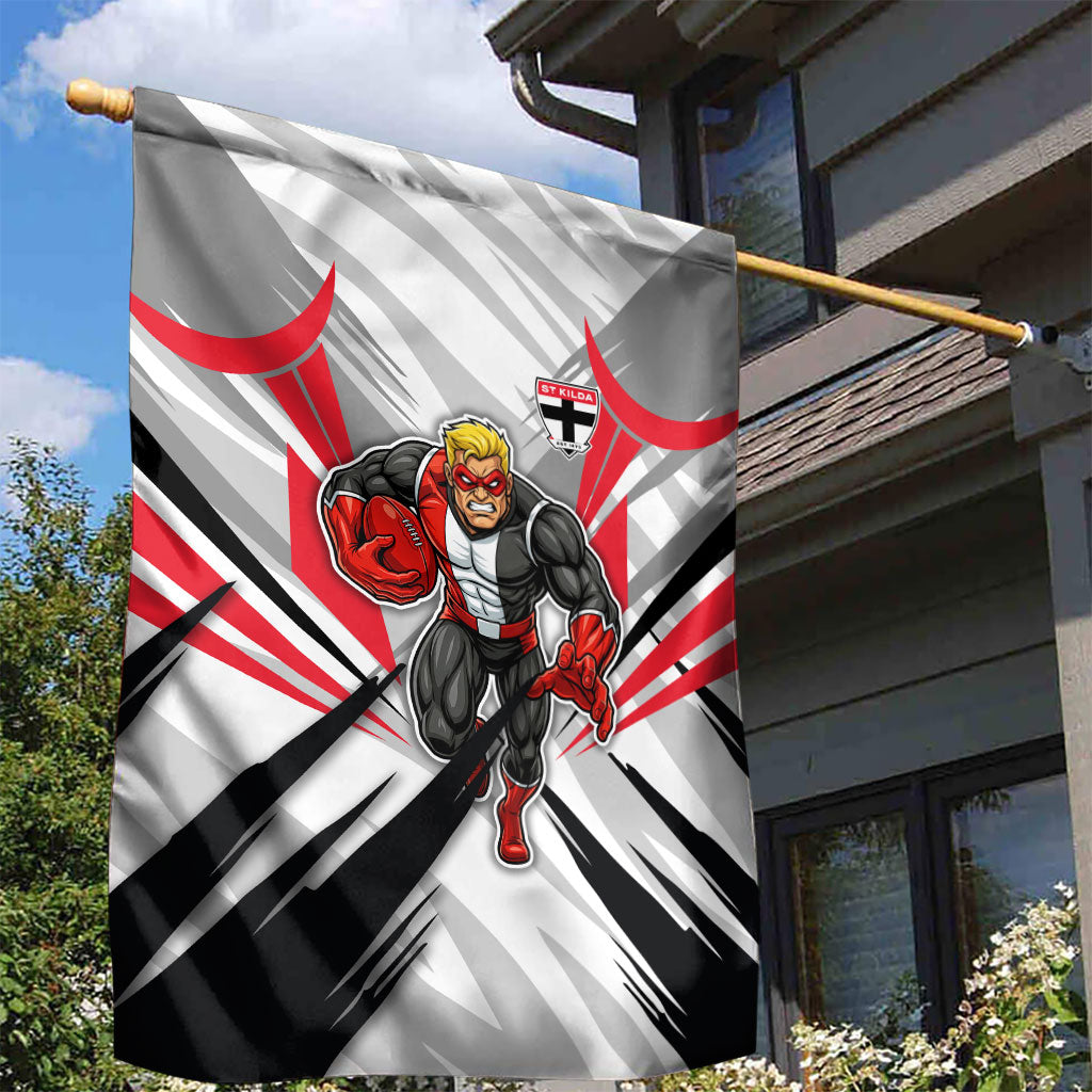 St Kilda Saints Australian Football Garden Flag Superhero Mascot Graphic - Bold Team Colors