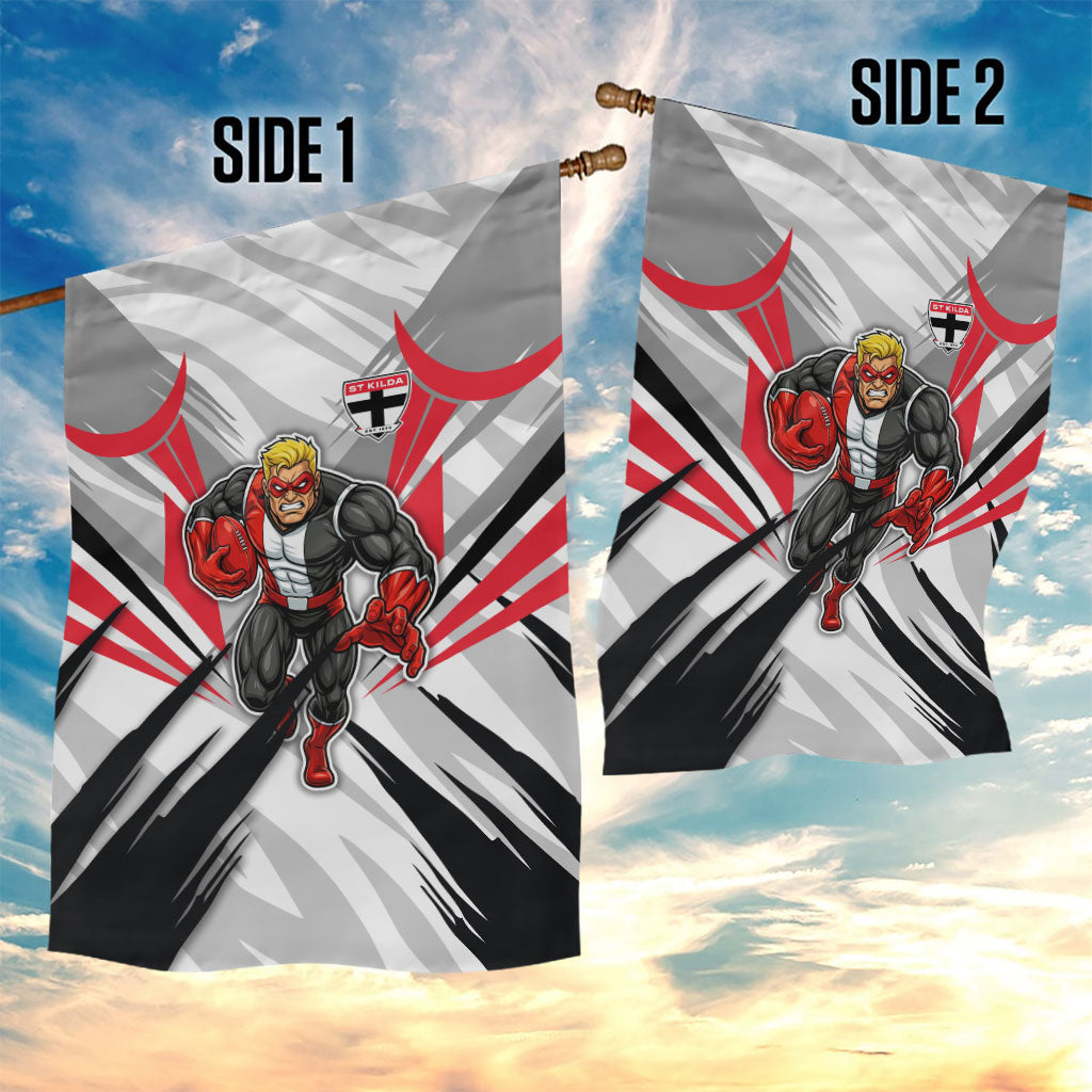 St Kilda Saints Australian Football Garden Flag Superhero Mascot Graphic - Bold Team Colors