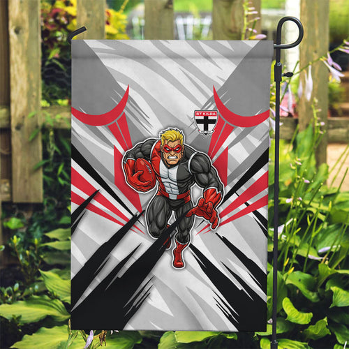 St Kilda Saints Australian Football Garden Flag Superhero Mascot Graphic - Bold Team Colors