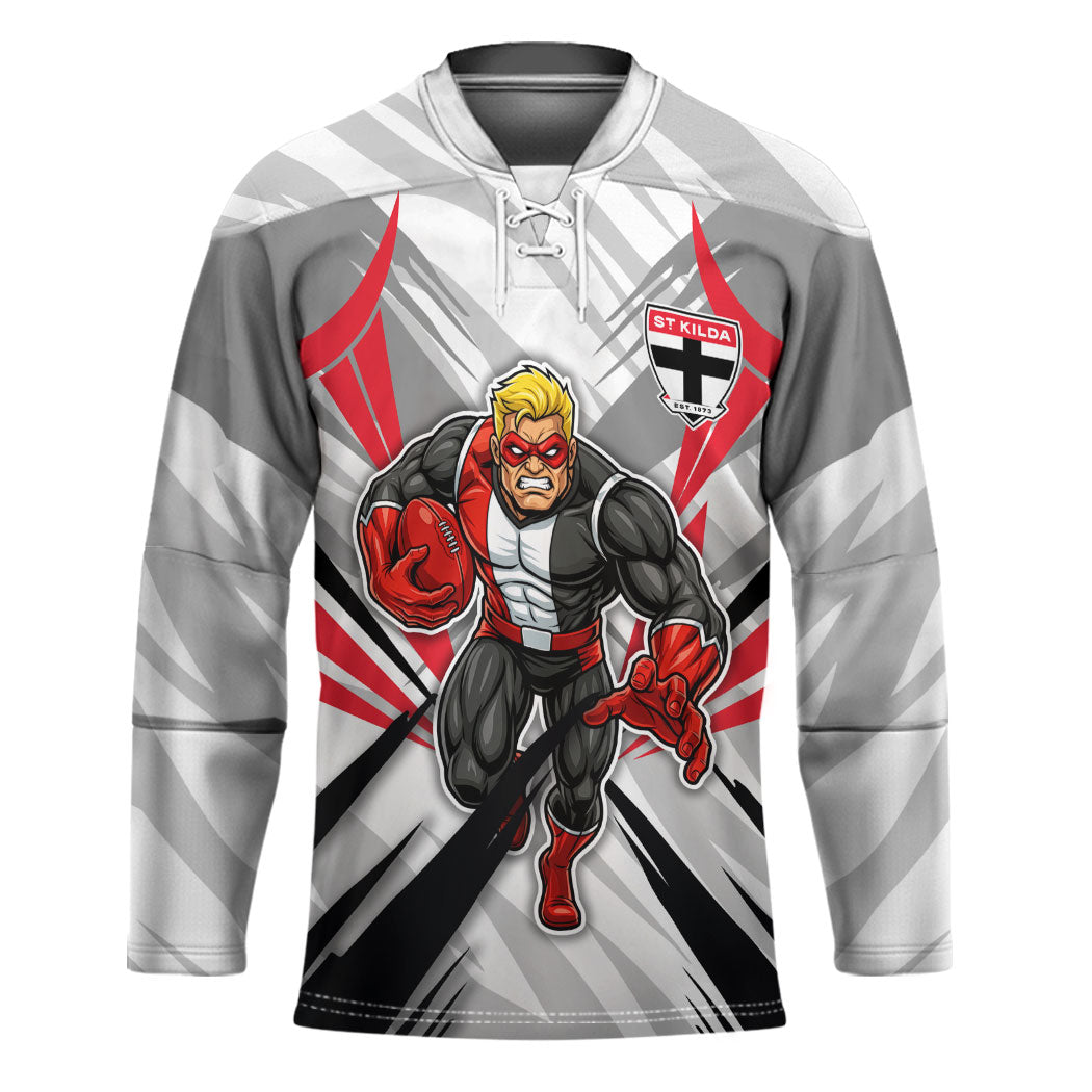 St Kilda Saints Australian Football Hockey Jersey Superhero Mascot Graphic - Bold Team Colors