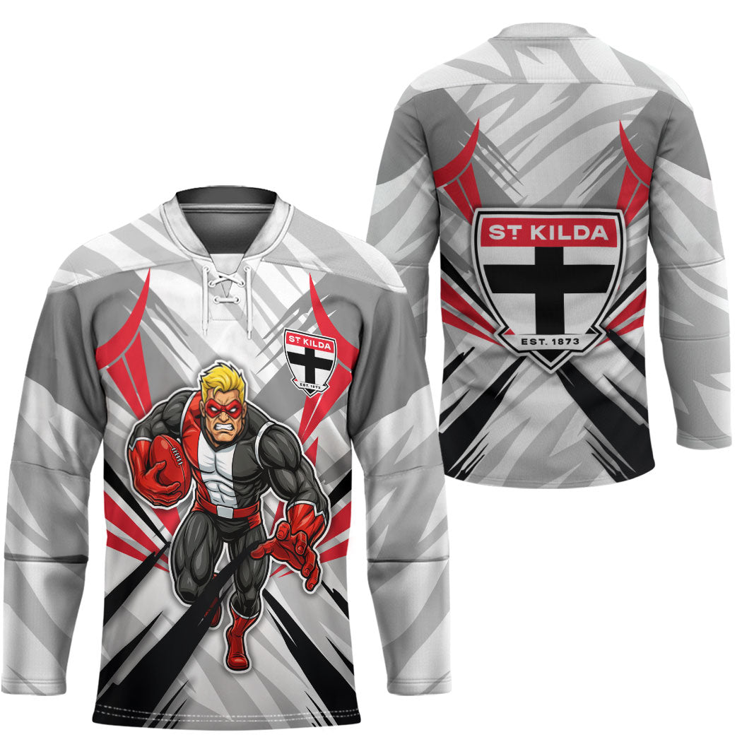 St Kilda Saints Australian Football Hockey Jersey Superhero Mascot Graphic - Bold Team Colors