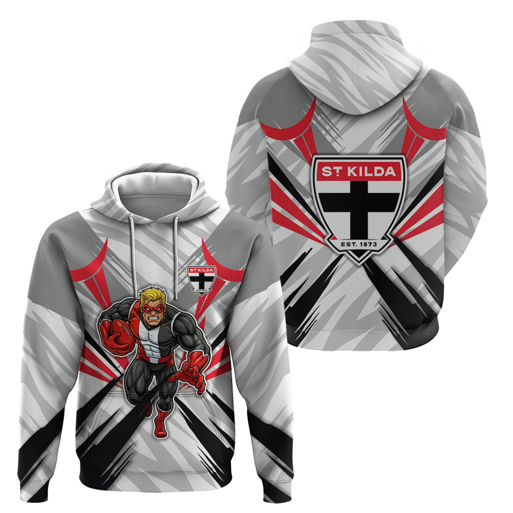 St Kilda Saints Australian Football Hoodie Superhero Mascot Graphic - Bold Team Colors