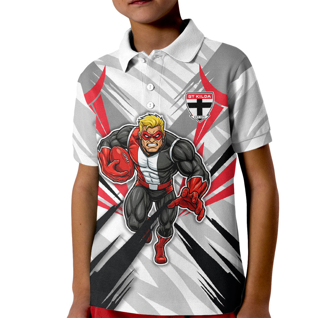 St Kilda Saints Australian Football Kid Polo Shirt Superhero Mascot Graphic - Bold Team Colors
