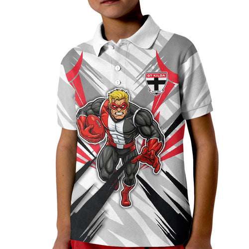 St Kilda Saints Australian Football Kid Polo Shirt Superhero Mascot Graphic - Bold Team Colors