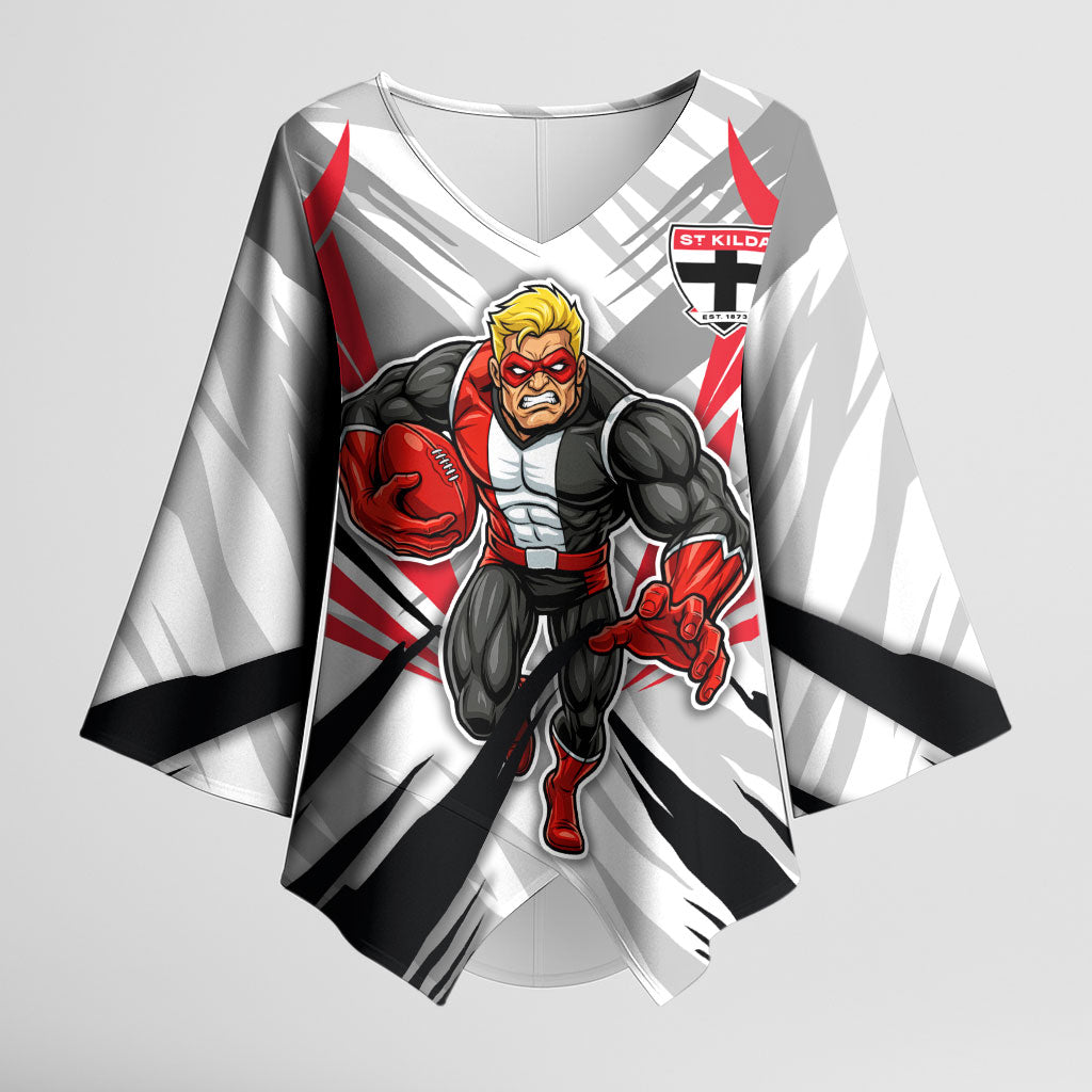 St Kilda Saints Australian Football Kimono Sleeve Blouse Superhero Mascot Graphic - Bold Team Colors