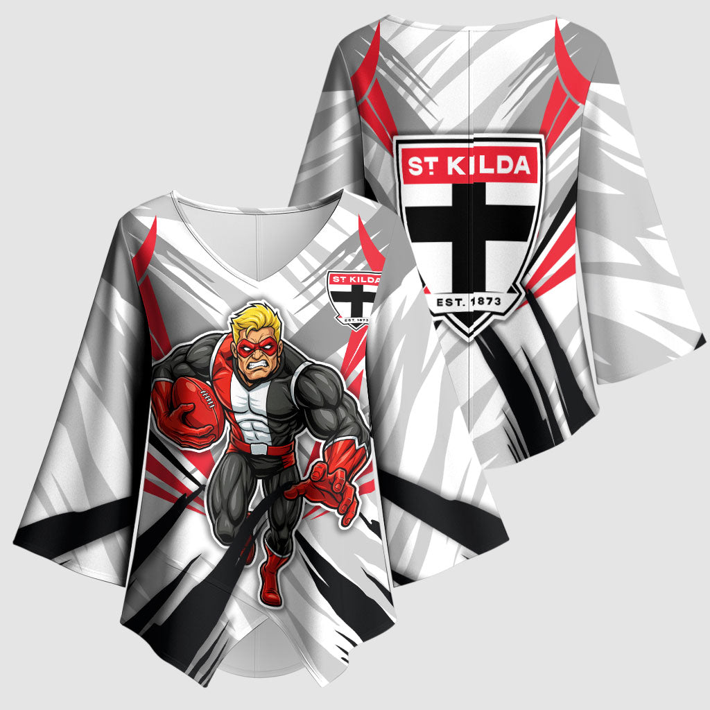 St Kilda Saints Australian Football Kimono Sleeve Blouse Superhero Mascot Graphic - Bold Team Colors