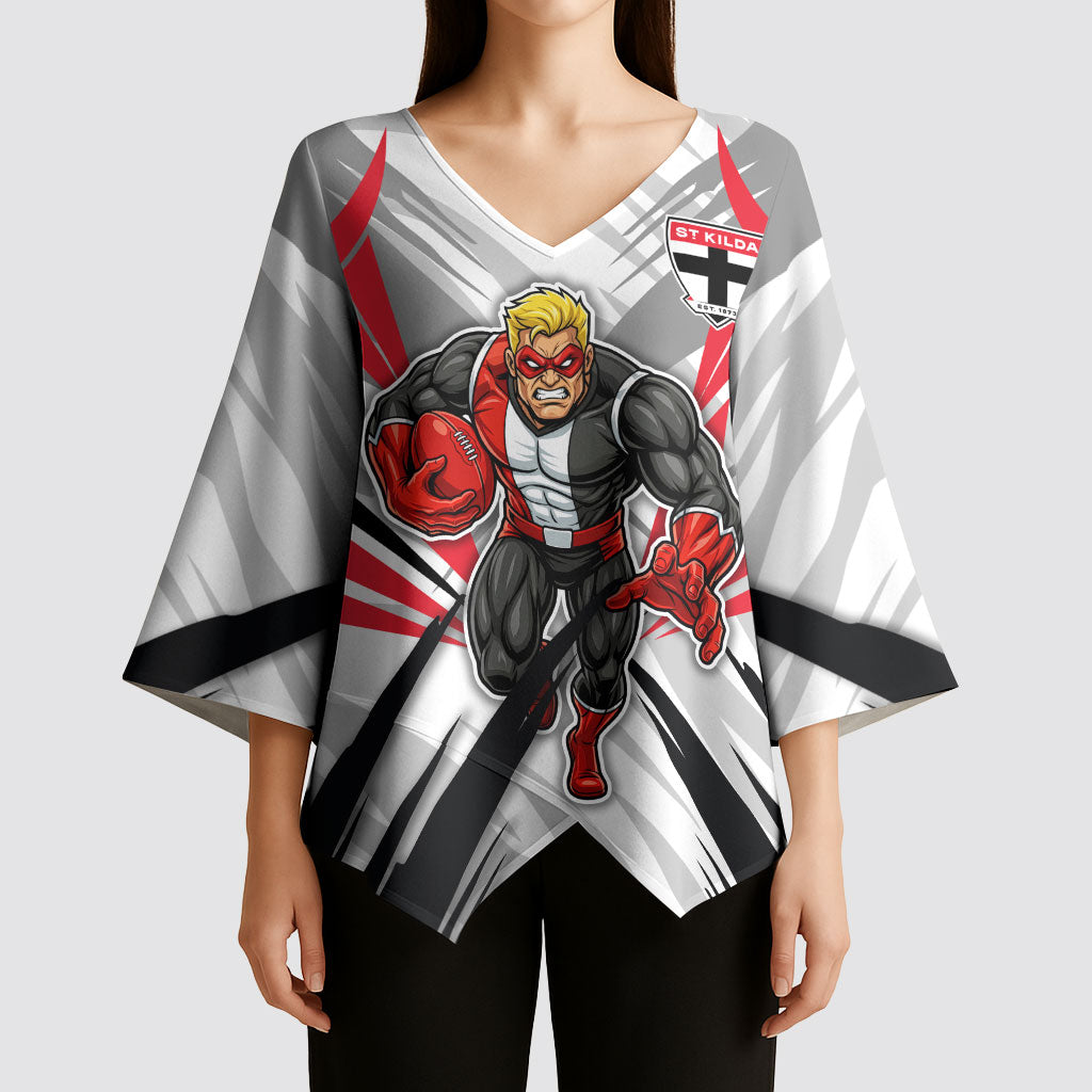 St Kilda Saints Australian Football Kimono Sleeve Blouse Superhero Mascot Graphic - Bold Team Colors