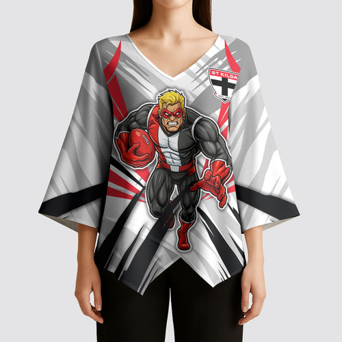 St Kilda Saints Australian Football Kimono Sleeve Blouse Superhero Mascot Graphic - Bold Team Colors