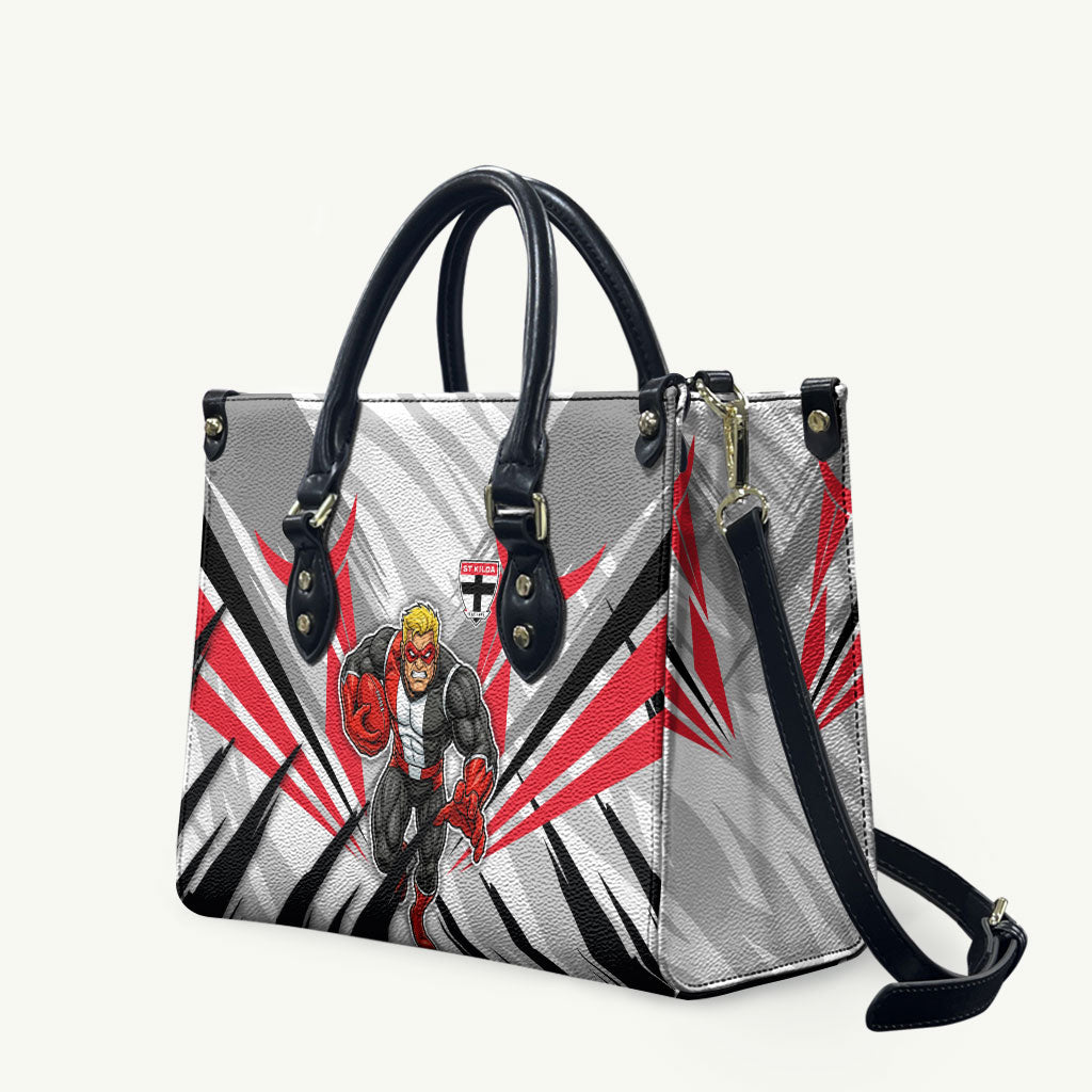 St Kilda Saints Australian Football Leather Bag Superhero Mascot Graphic - Bold Team Colors