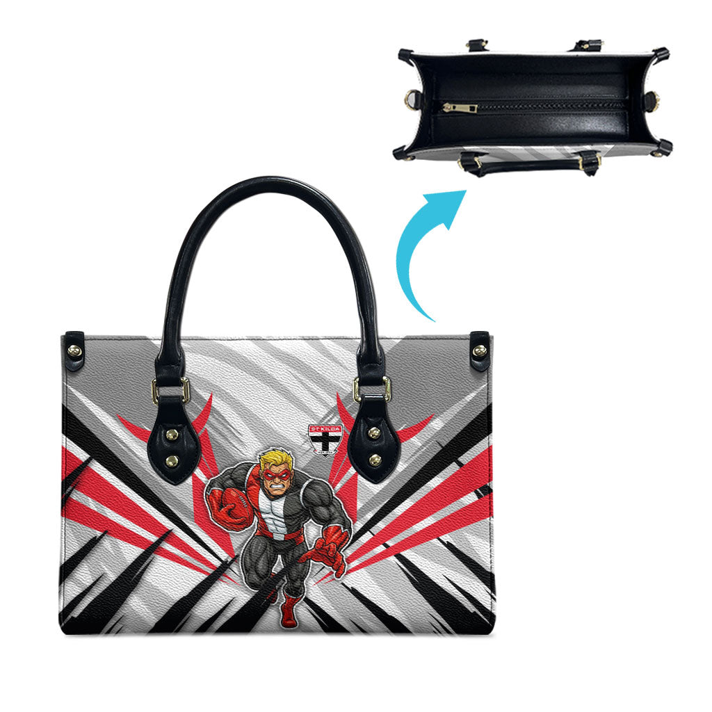 St Kilda Saints Australian Football Leather Bag Superhero Mascot Graphic - Bold Team Colors