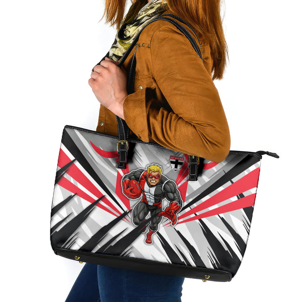 St Kilda Saints Australian Football Leather Tote Bag Superhero Mascot Graphic - Bold Team Colors