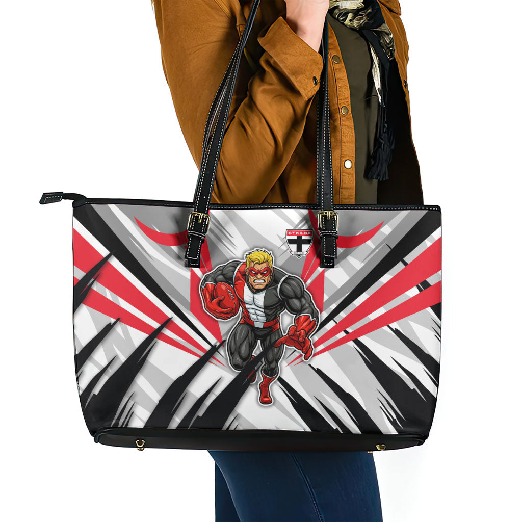 St Kilda Saints Australian Football Leather Tote Bag Superhero Mascot Graphic - Bold Team Colors