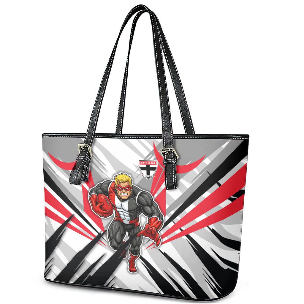 St Kilda Saints Australian Football Leather Tote Bag Superhero Mascot Graphic - Bold Team Colors