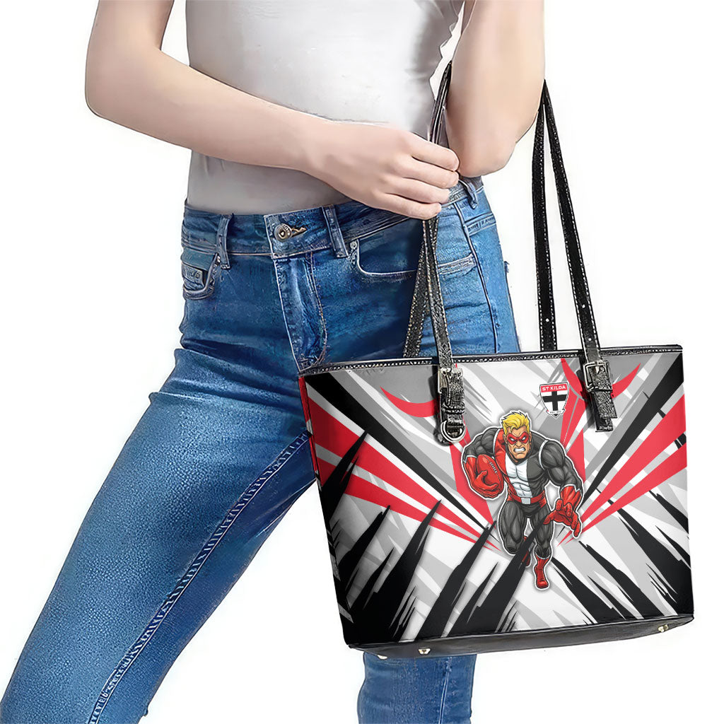 St Kilda Saints Australian Football Leather Tote Bag Superhero Mascot Graphic - Bold Team Colors