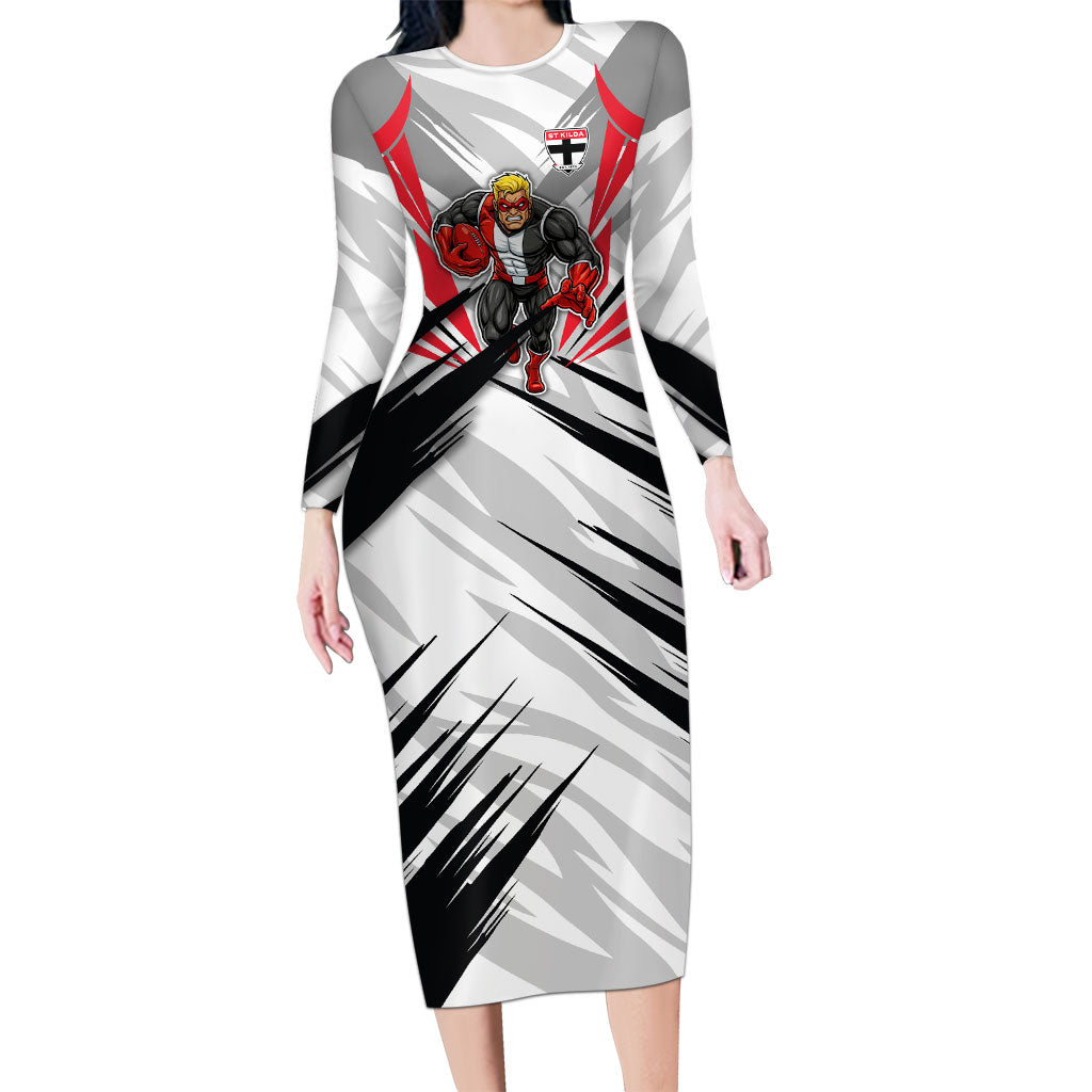 St Kilda Saints Australian Football Long Sleeve Bodycon Dress Superhero Mascot Graphic - Bold Team Colors