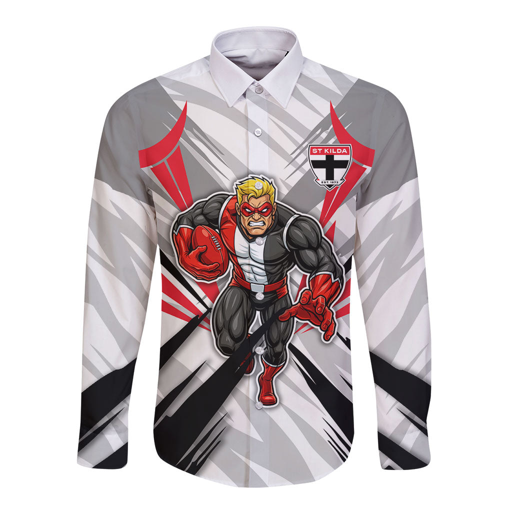 St Kilda Saints Australian Football Long Sleeve Button Shirt Superhero Mascot Graphic - Bold Team Colors