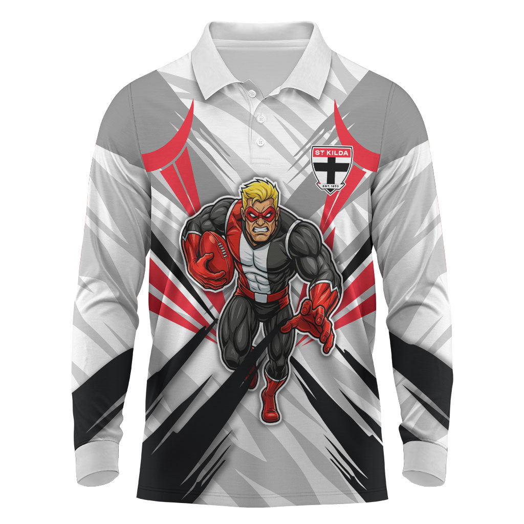St Kilda Saints Australian Football Long Sleeve Polo Shirt Superhero Mascot Graphic - Bold Team Colors