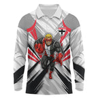 St Kilda Saints Australian Football Long Sleeve Polo Shirt Superhero Mascot Graphic - Bold Team Colors
