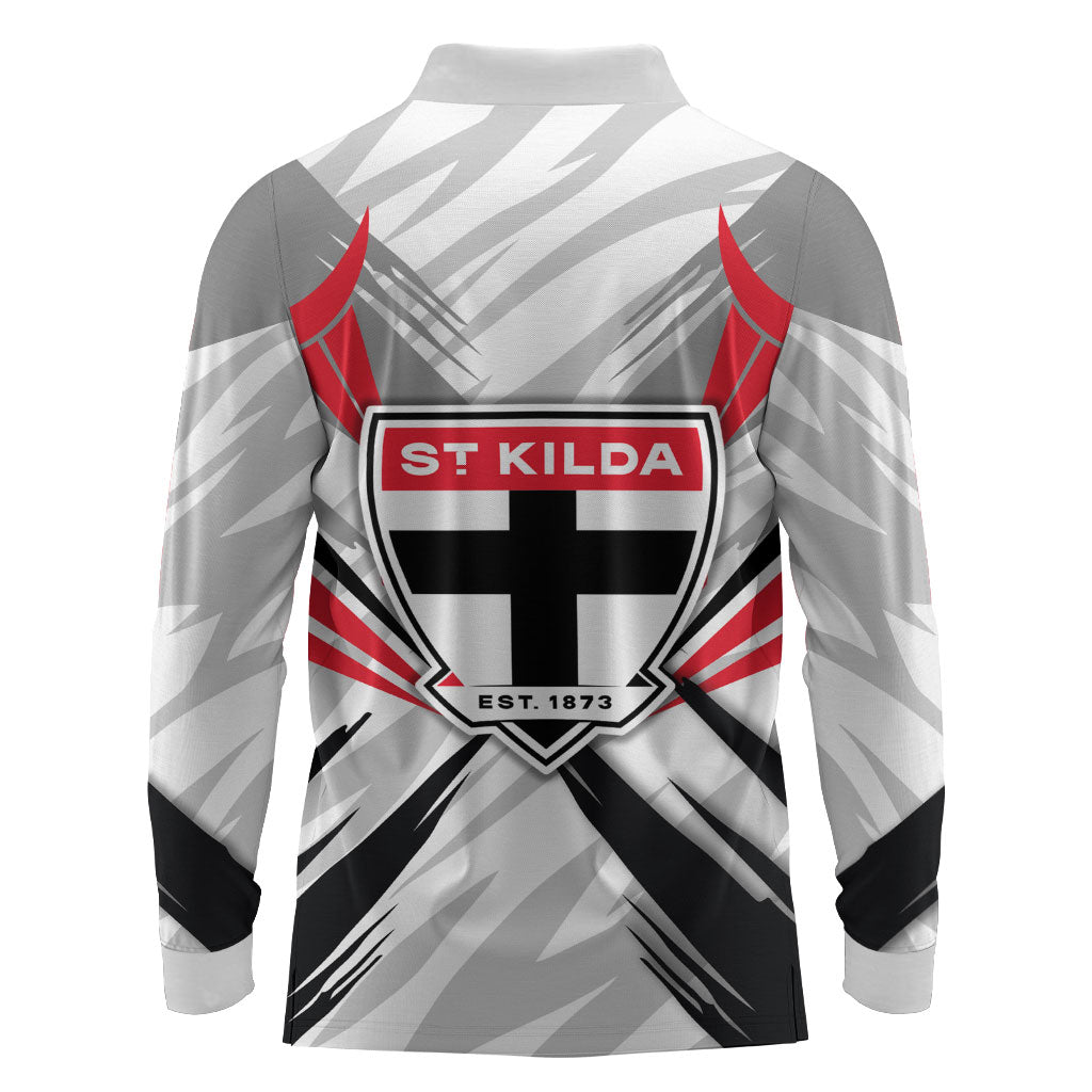 St Kilda Saints Australian Football Long Sleeve Polo Shirt Superhero Mascot Graphic - Bold Team Colors