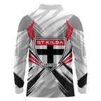 St Kilda Saints Australian Football Long Sleeve Polo Shirt Superhero Mascot Graphic - Bold Team Colors