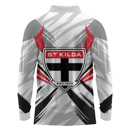 St Kilda Saints Australian Football Long Sleeve Polo Shirt Superhero Mascot Graphic - Bold Team Colors