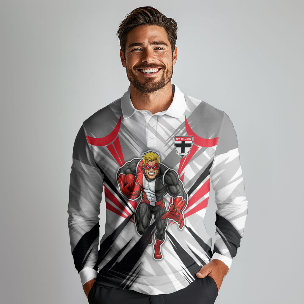 St Kilda Saints Australian Football Long Sleeve Polo Shirt Superhero Mascot Graphic - Bold Team Colors