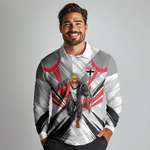 St Kilda Saints Australian Football Long Sleeve Polo Shirt Superhero Mascot Graphic - Bold Team Colors