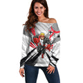 St Kilda Saints Australian Football Off Shoulder Sweater Superhero Mascot Graphic - Bold Team Colors